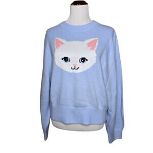 Divided H&M Light Blue Cat Face Graphic Knit Sweater Pullover Size L